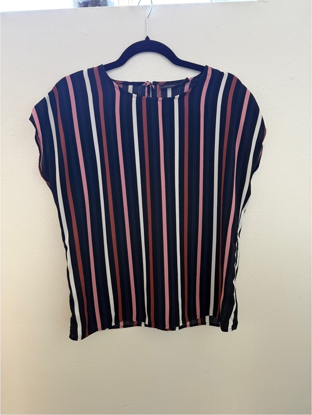 Halogen Navy, Pink & White Vertical Stripe Short Sleeve Blouse